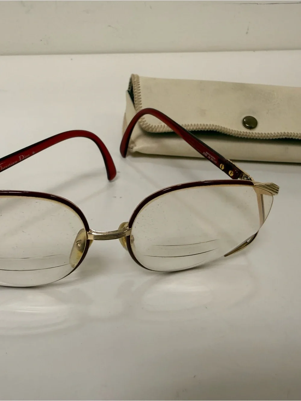 Vintage 70’s Large Christian Dior Gold Frame Glasses with Red Temples